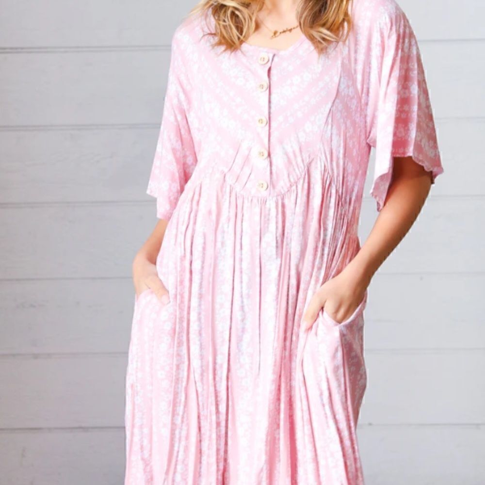 NEW! BOHO BLUSH FLORAL STRIPE YOKE BUTTON WOVEN POCKETED DRESS